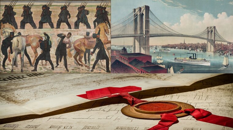 "Auszug deutscher Studenten in den Freiheitskrieg von 1813" von Ferdinand Hodler/ “The Brooklyn Bridge”, Lithographie von Currier Ives, 1883/ Siegel auf Urkunden aus dem Jenaer Universitätsarchiv