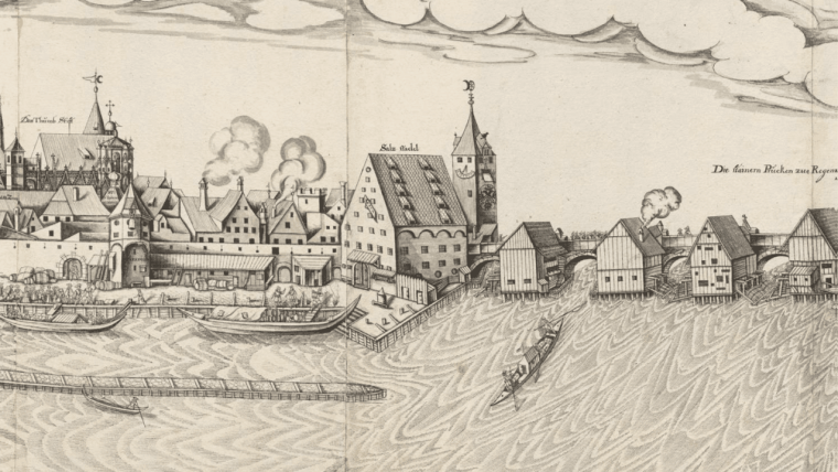 Ausschnitt aus der Stadtansicht Regensburgs von Hans Georg Bahre: Abriß der Stadt Regensburg östlich und westlich der Steinernen Brücke.