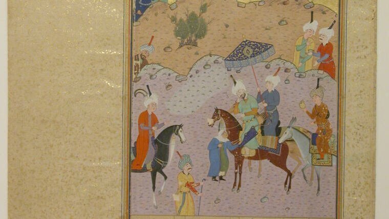 Sultan Sanjar trifft eine alte Frau. Abbildung aus einem Manuskript des Khamsa von Nizami.
