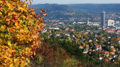 View of the city of Jena from the Sonnenberge in autumn.